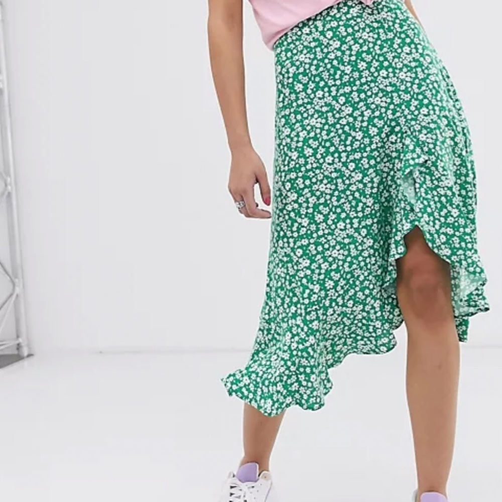 Bershka green floral midi skirt with slit